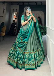Emerald Foil Floral Tasar Silk Lehenga Set Yooneck