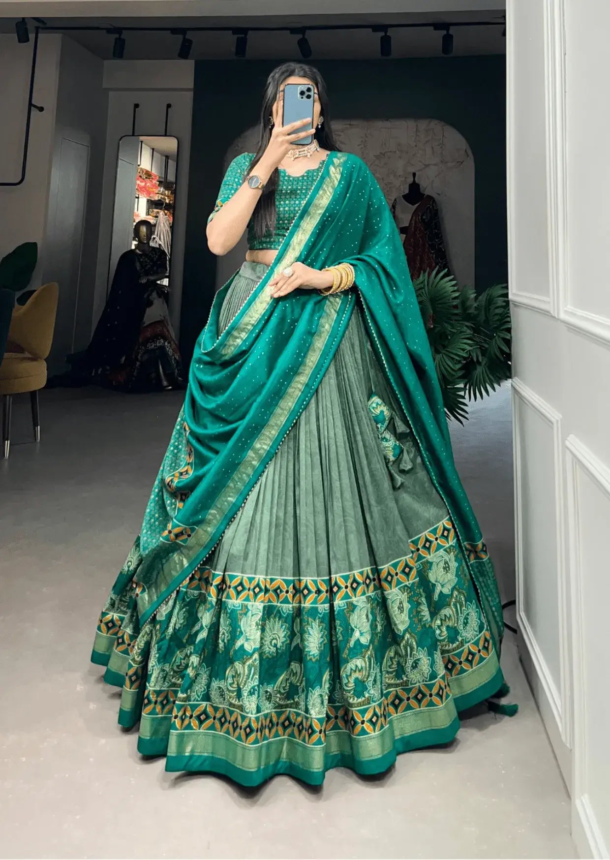 Emerald Foil Floral Tasar Silk Lehenga Set Yooneck