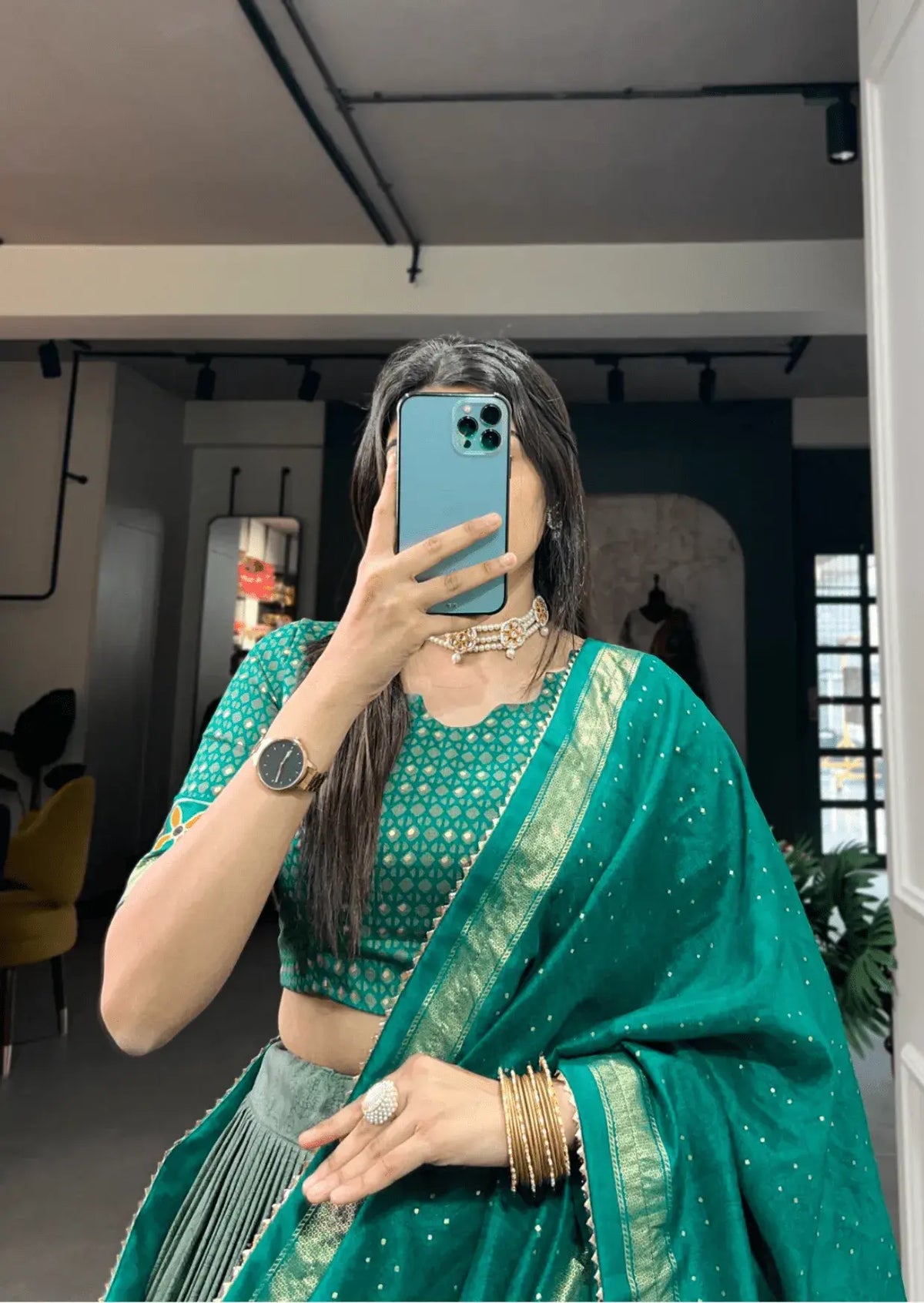 Emerald Foil Floral Tasar Silk Lehenga Set Yooneck