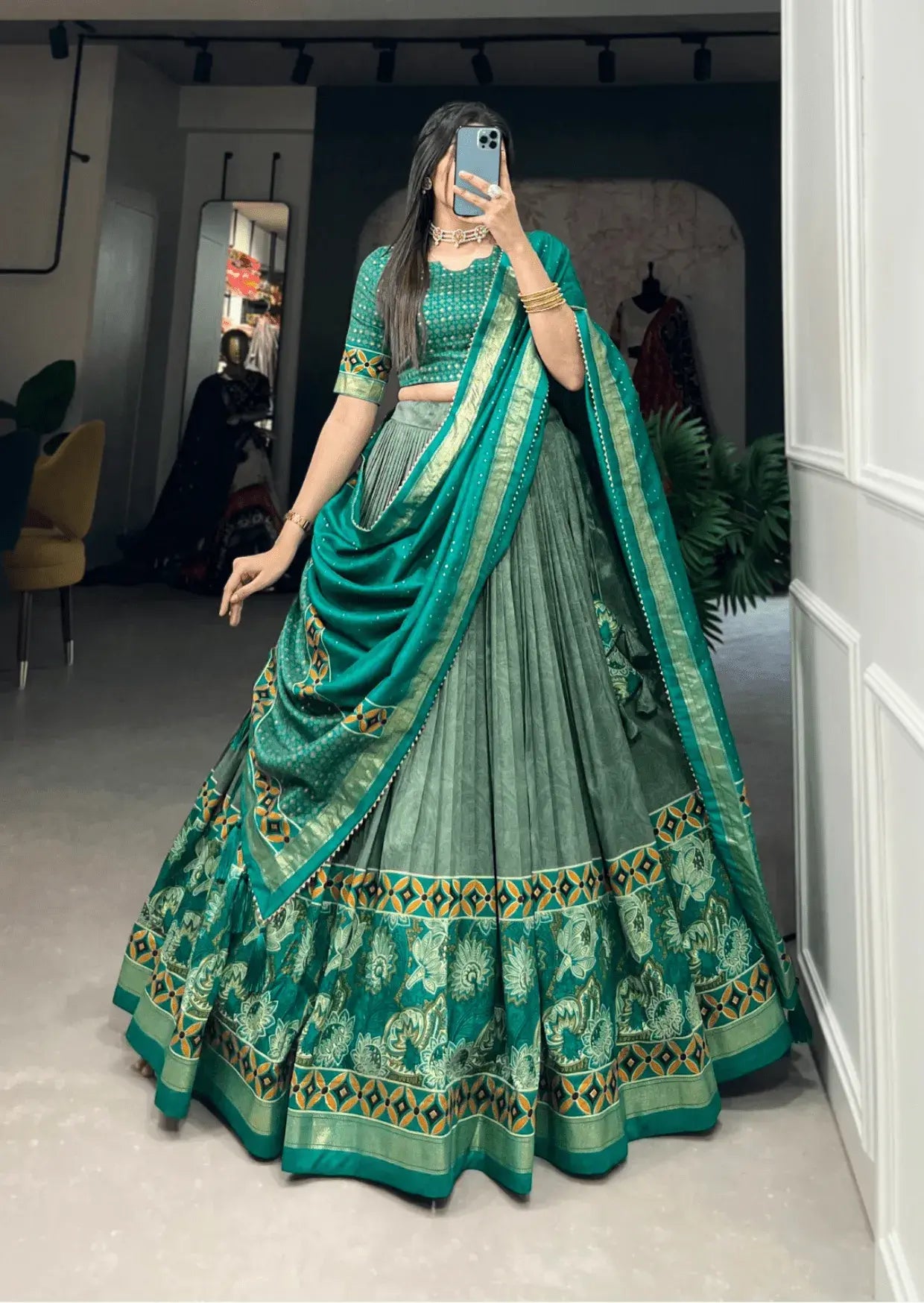 Emerald Foil Floral Tasar Silk Lehenga Set Yooneck