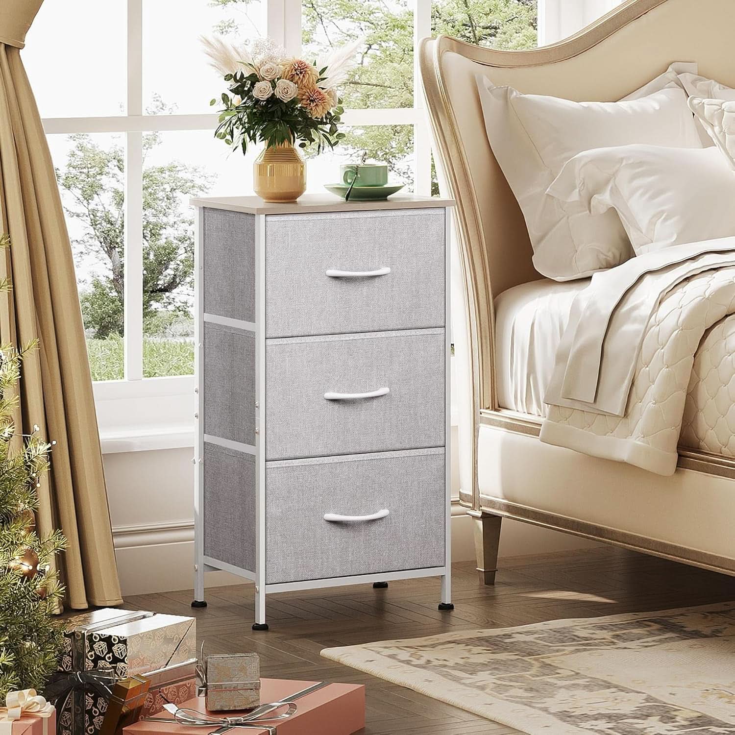Light Grey Nightstand With 3 Drawers For Bedroom Hallway-1
