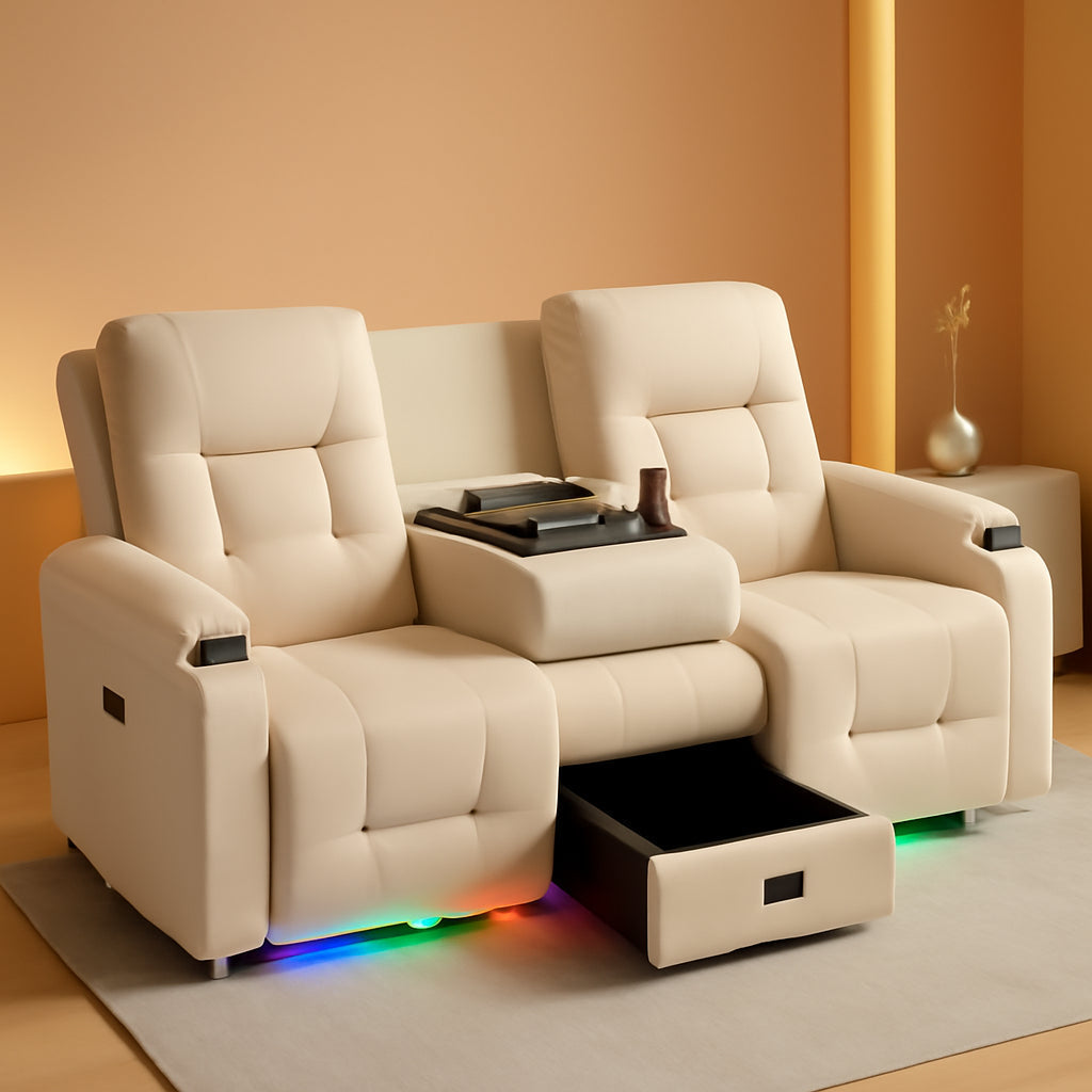 Power Loveseat Recliner Sofa Beige Ambient Lighting-0