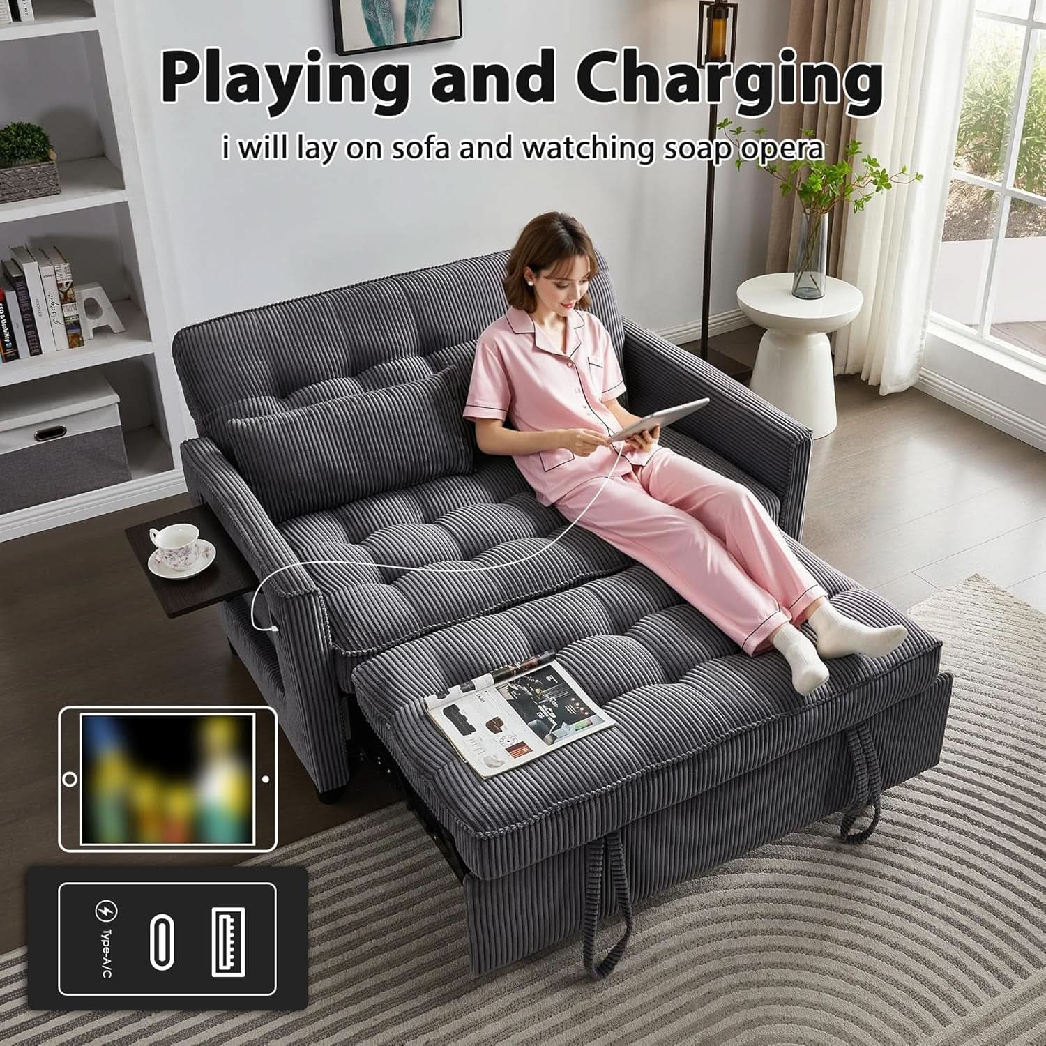 55Inch Convertible Sleeper Sofa With USBPort Corduroy-4