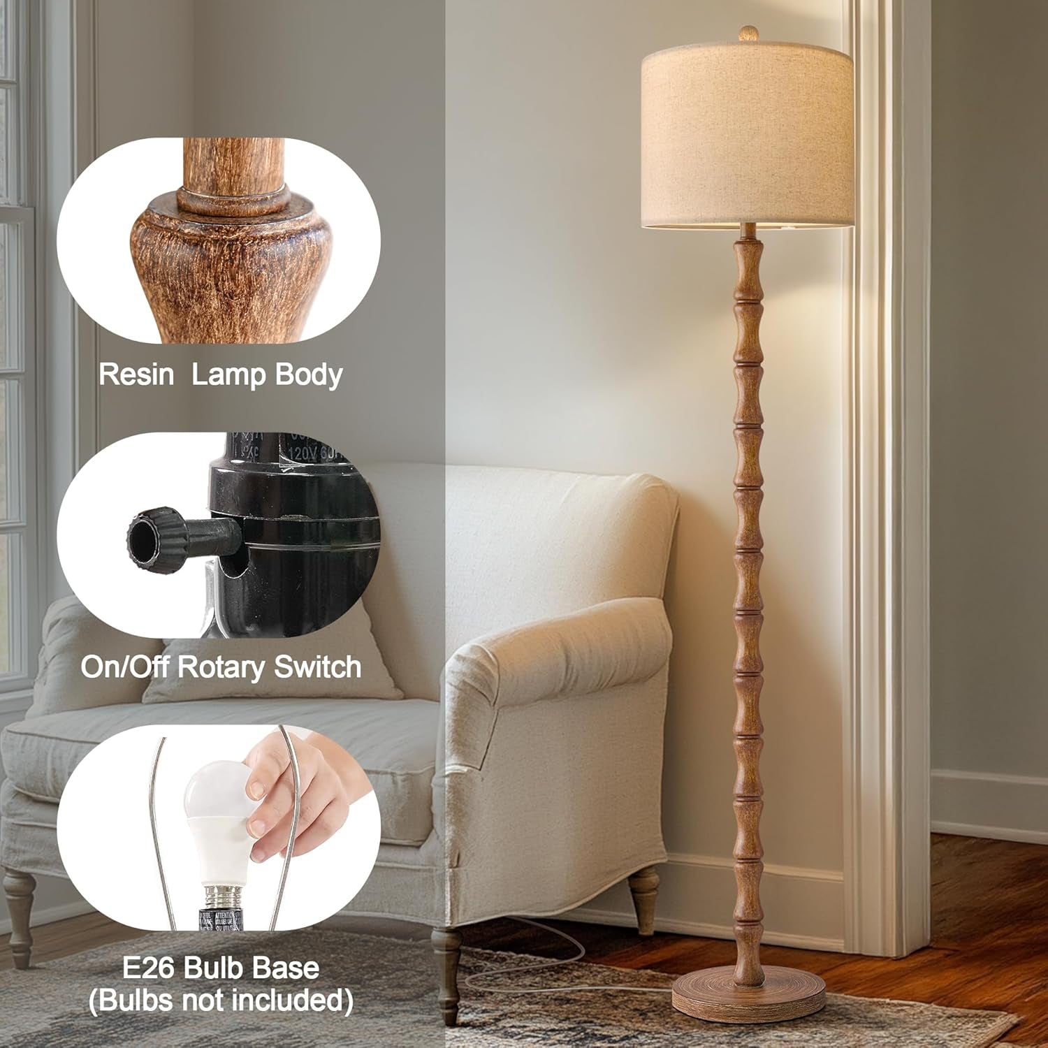 Rustic Floor Lamp 62Inch Walnut Linen Textured Shade-3