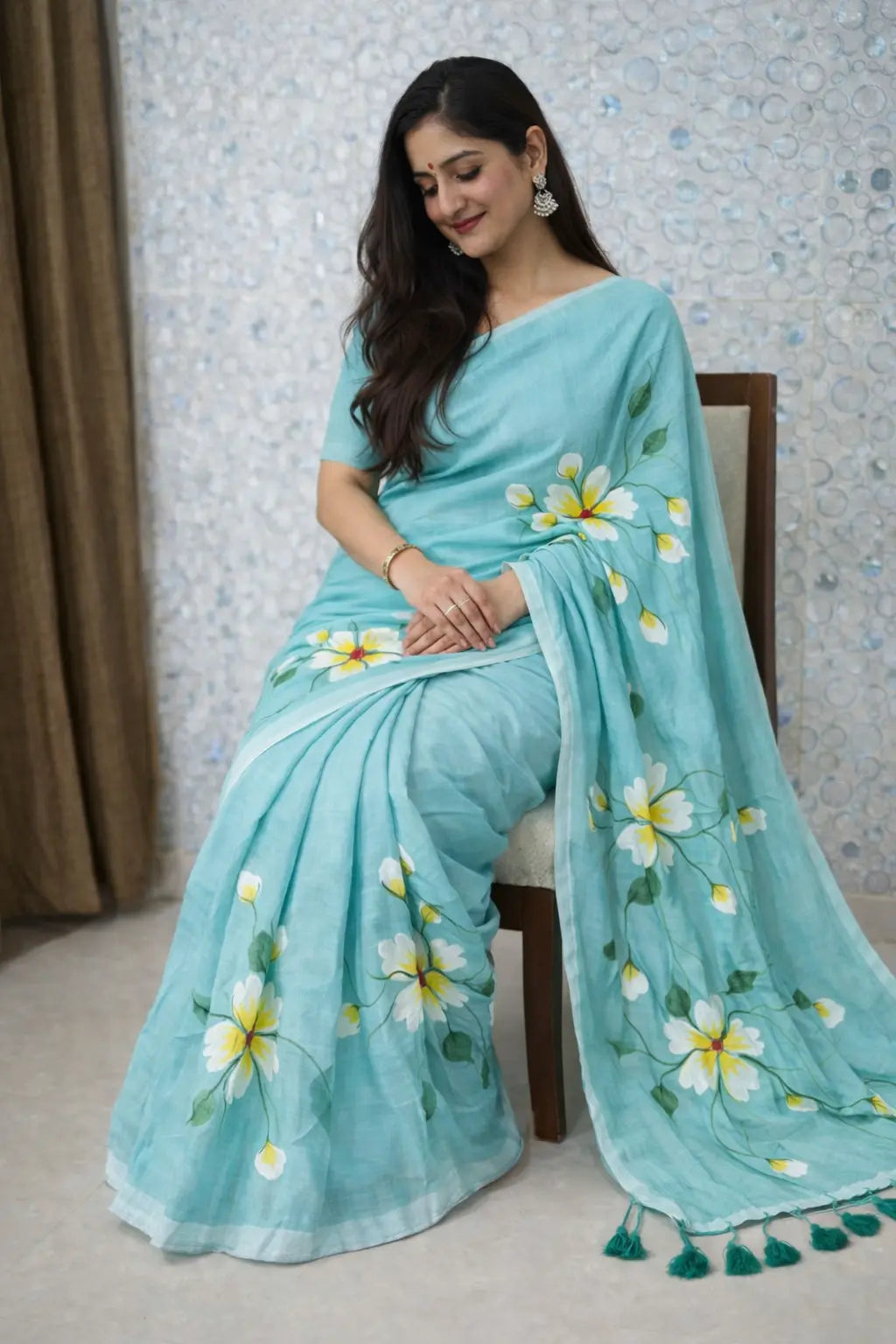Aqua Bloom Premium Mull Cotton Handprint Saree Khan