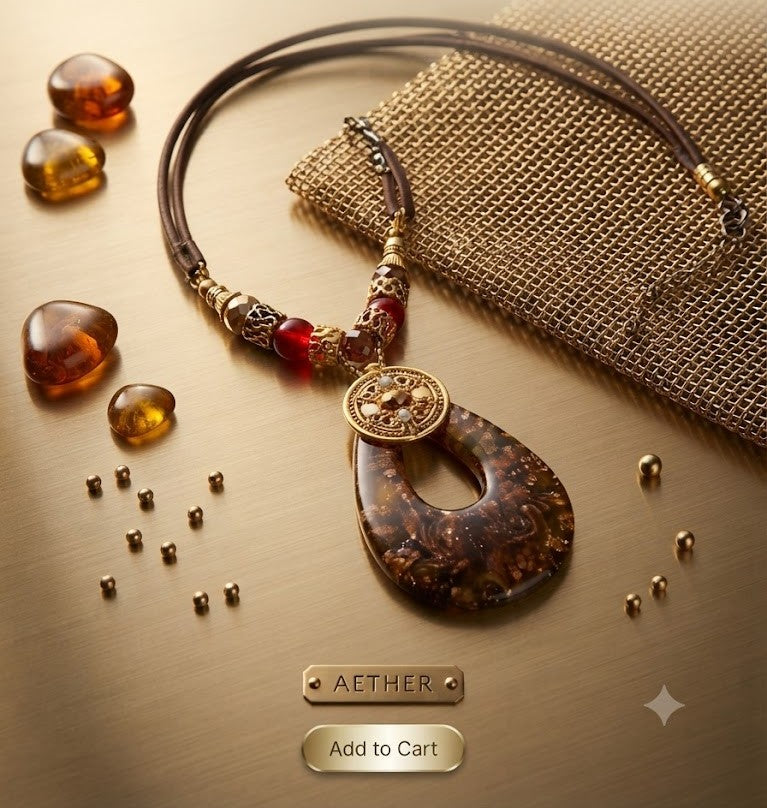 Aether Collection – Amber Resin Teardrop & Antique Gold Bead Pendant Necklace