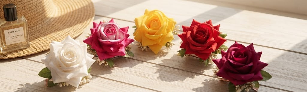 Realistic Rose Hair Clip with Leaves & Pearl Buds – Set of 2