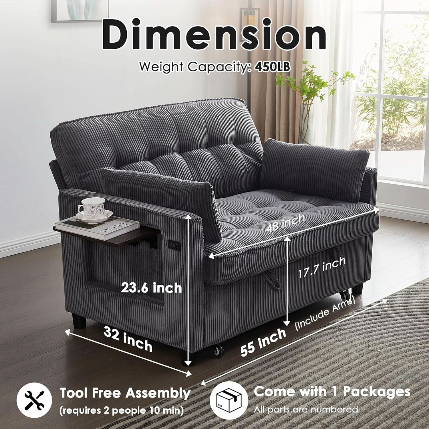 55Inch Convertible Sleeper Sofa With USBPort Corduroy-1