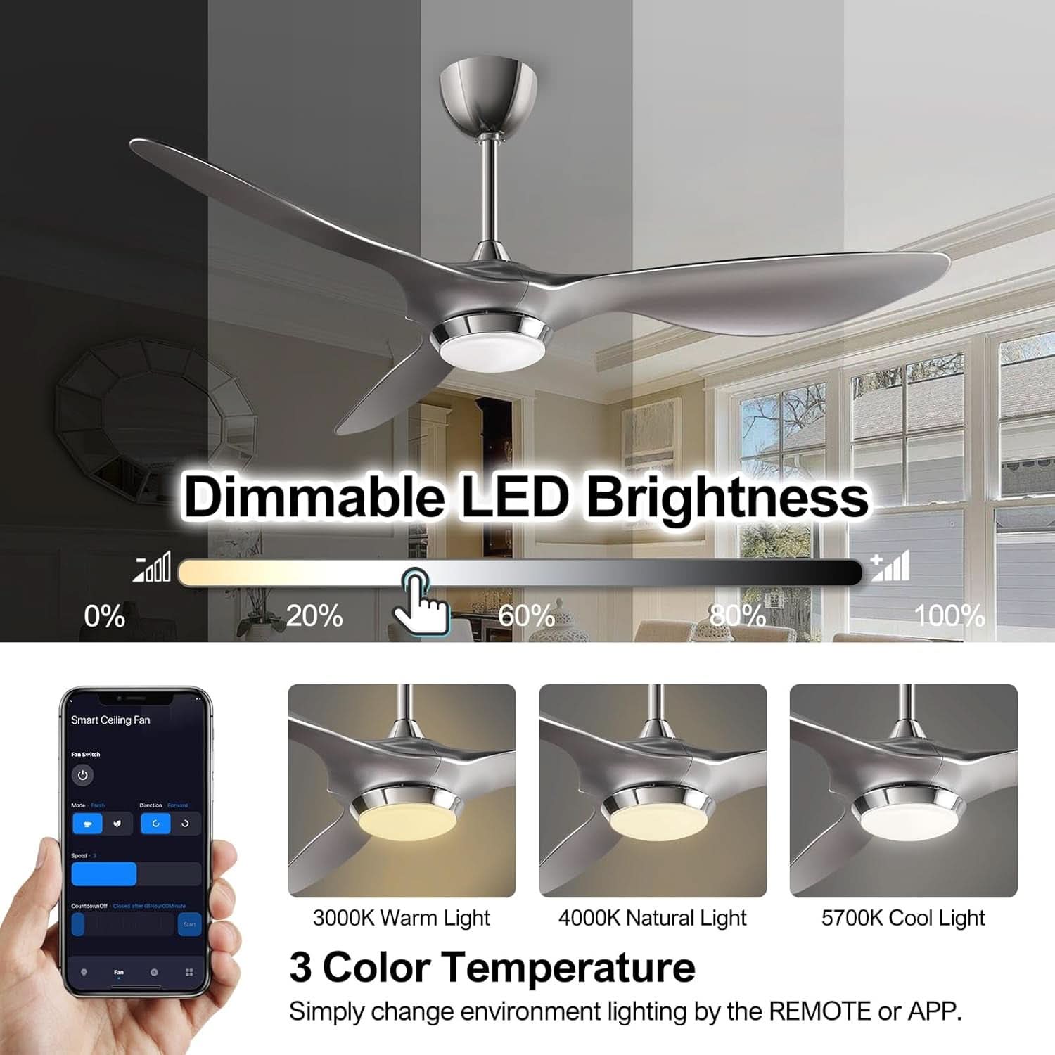 52 Inch Smart WiFi Ceiling Fan With Light And Remote Silver-3