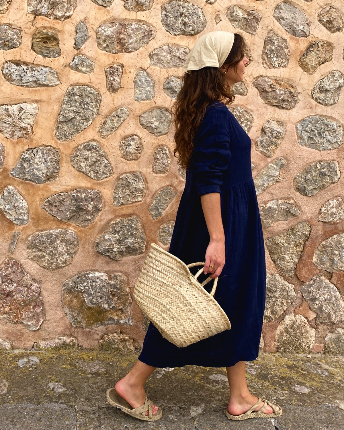 Navy Blue Linen Long Sleeve Midi Dress (syncee)-2