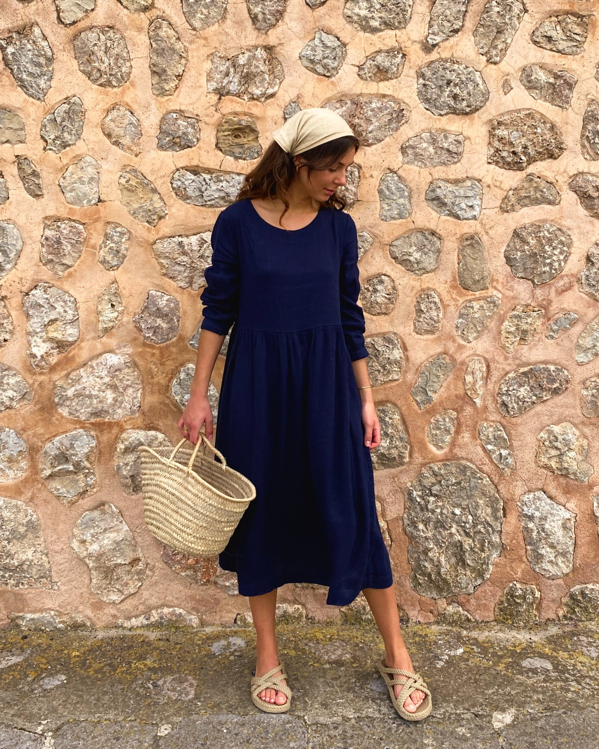 Navy Blue Linen Long Sleeve Midi Dress (syncee)-0