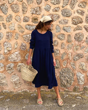 Navy Blue Linen Long Sleeve Midi Dress (syncee)-0
