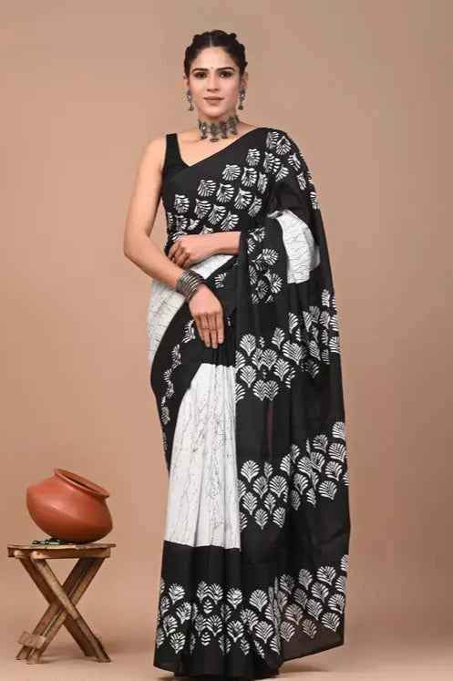 InkBloom Monochrome Mulmul Magic Saree Yooneck