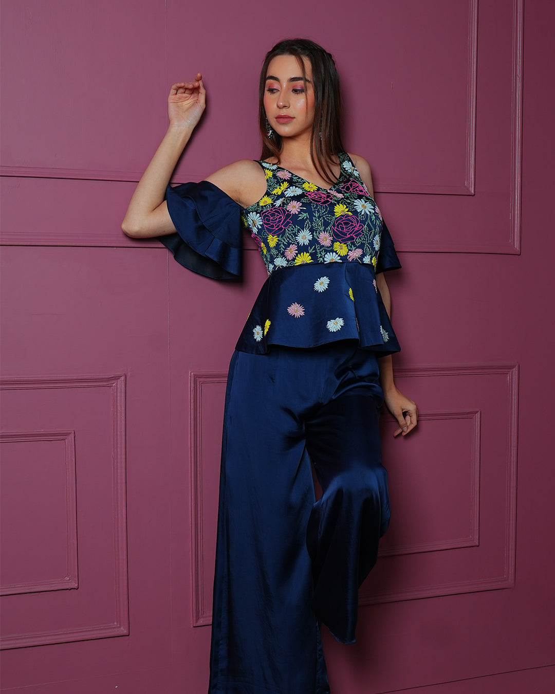 Navy Blue Peplum Co-ord Set-0