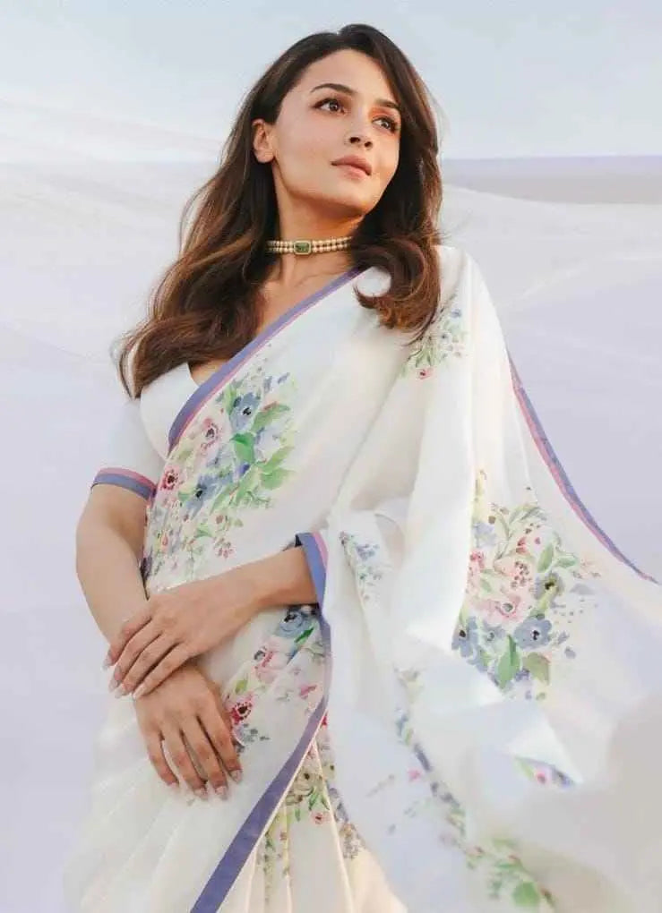 Ivory Whisper Japan Satin Saree Yooneck
