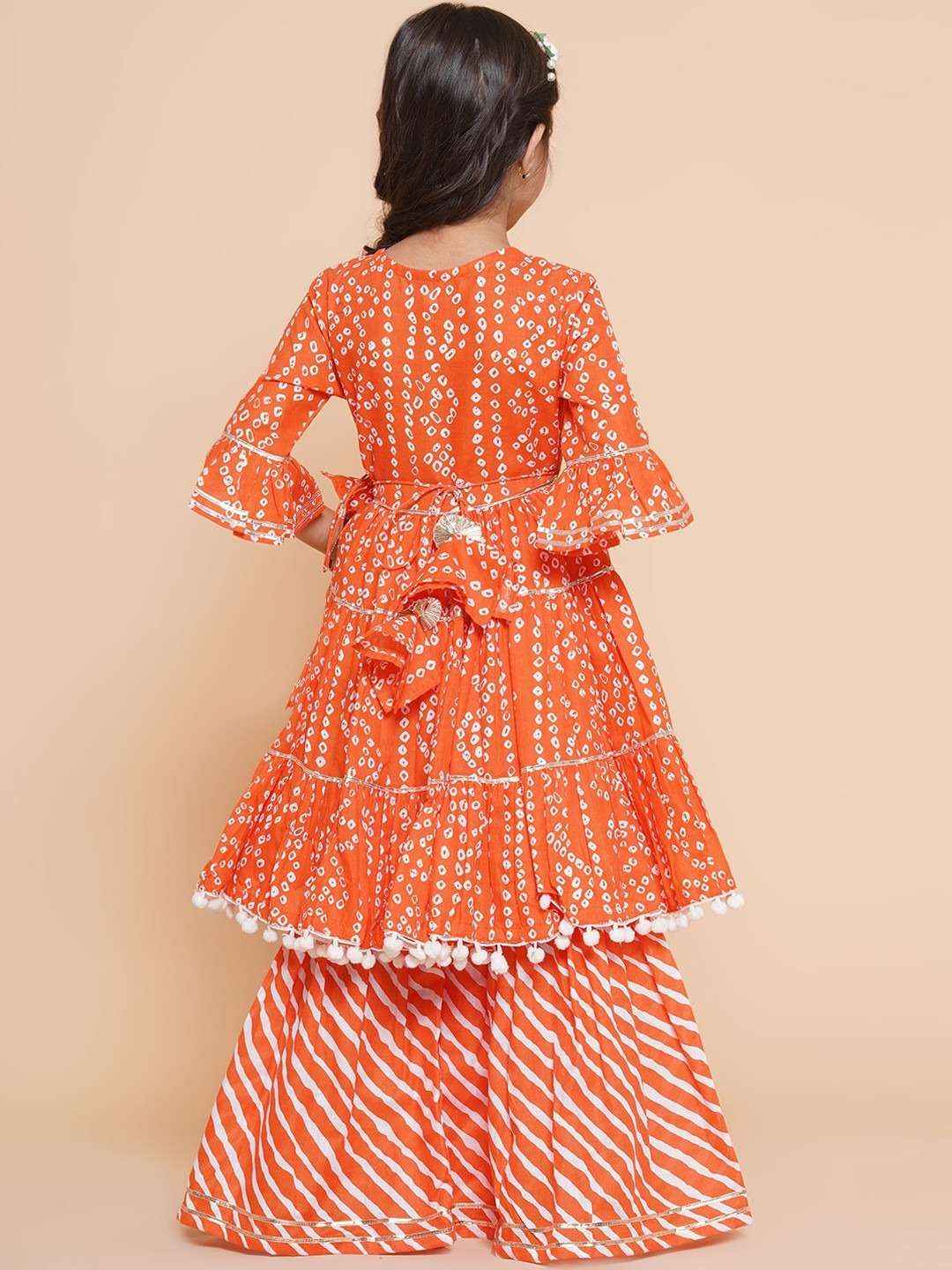 Leheriya Bandhej Magic Orange Wrap Kurta & Palazzo Set Yooneck