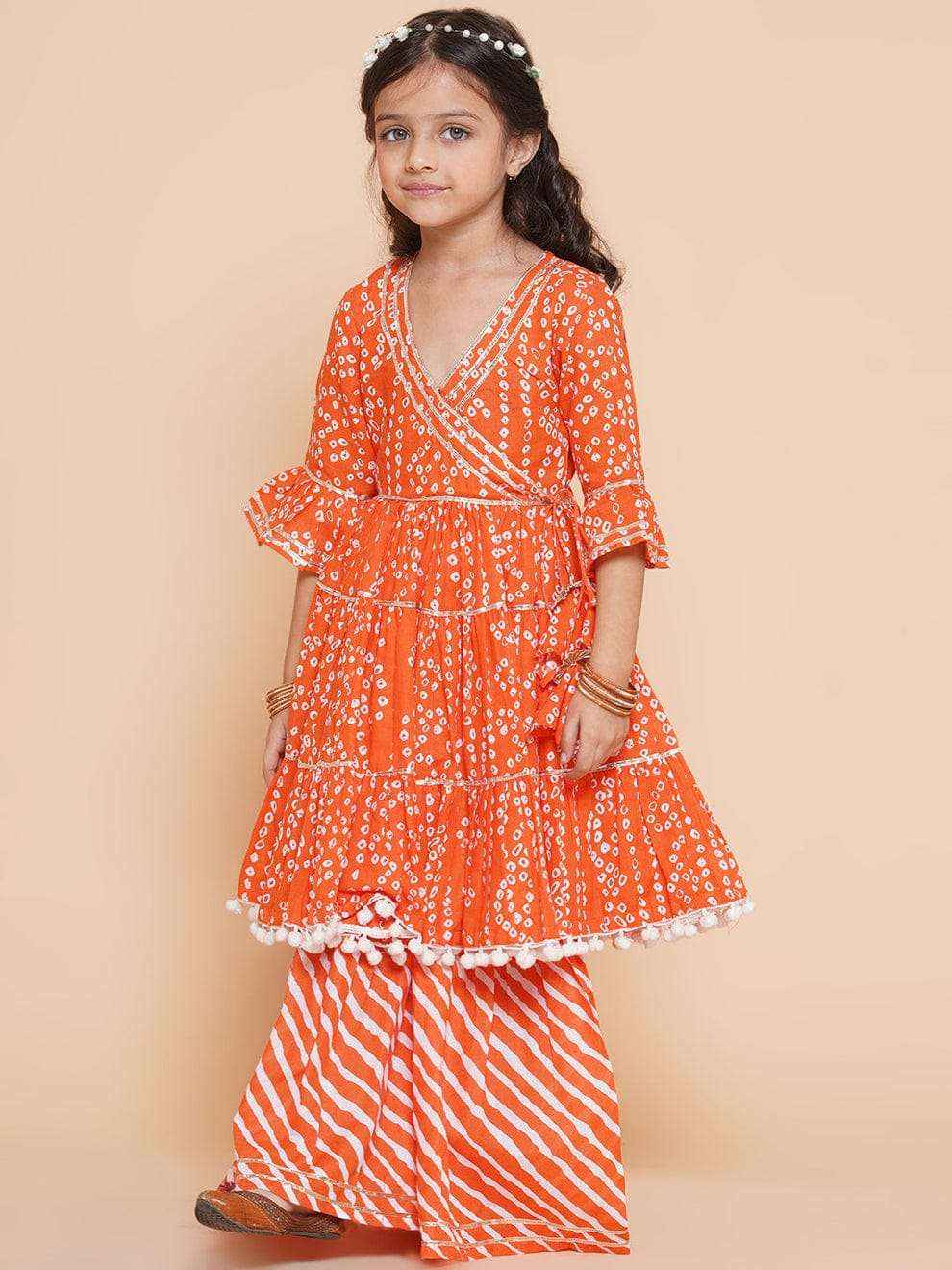 Leheriya Bandhej Magic Orange Wrap Kurta & Palazzo Set Yooneck