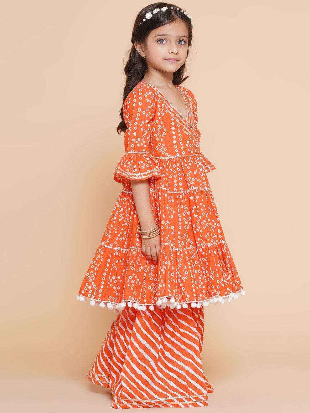 Leheriya Bandhej Magic Orange Wrap Kurta & Palazzo Set Yooneck
