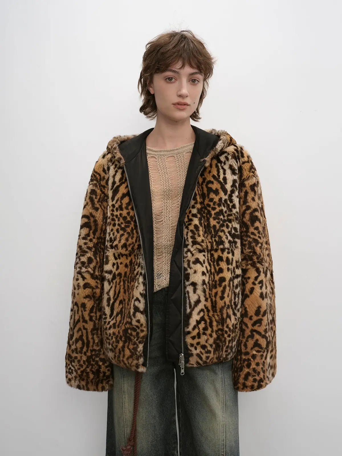 "Leopard Fantasy" Leopard Spot Print Reversible Drop Shoulder Hooded Custom Rabbit Fur Coat