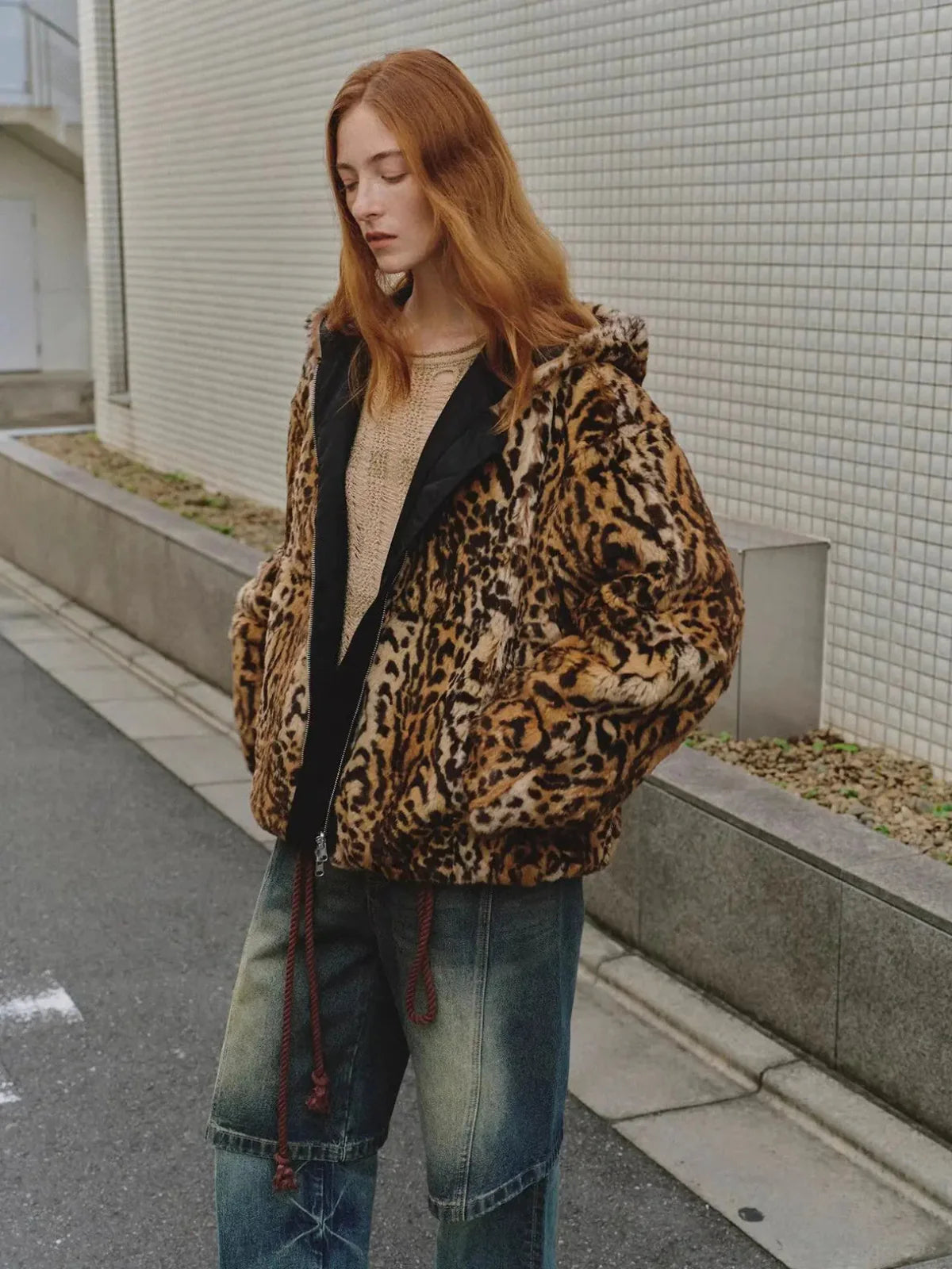 "Leopard Fantasy" Leopard Spot Print Reversible Drop Shoulder Hooded Custom Rabbit Fur Coat