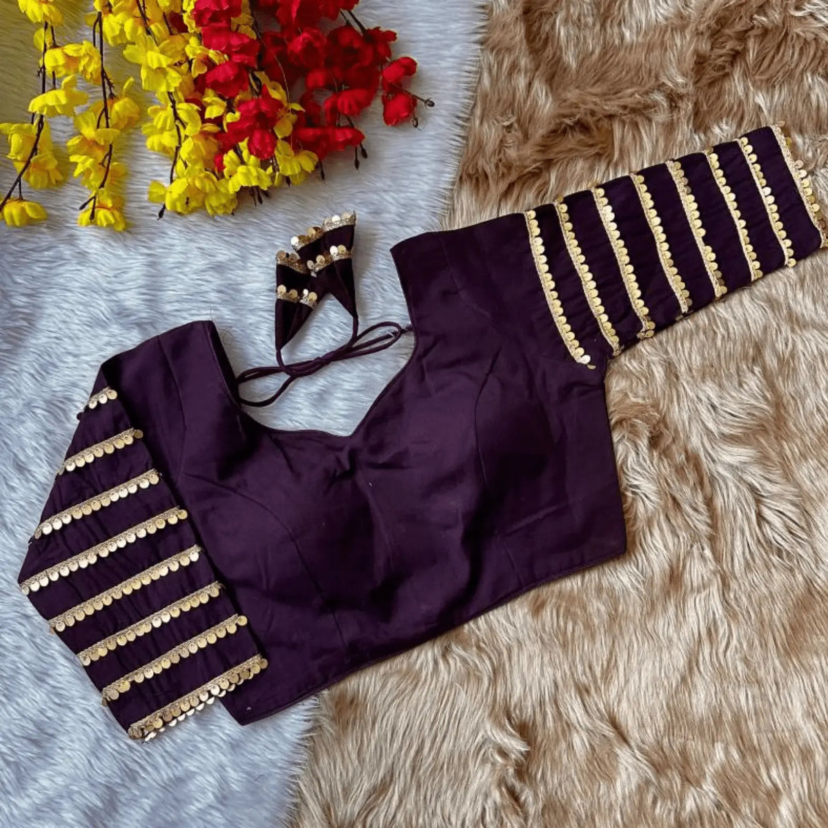 Meera Plum Sequins Cotton Silk Blouse Yooneck