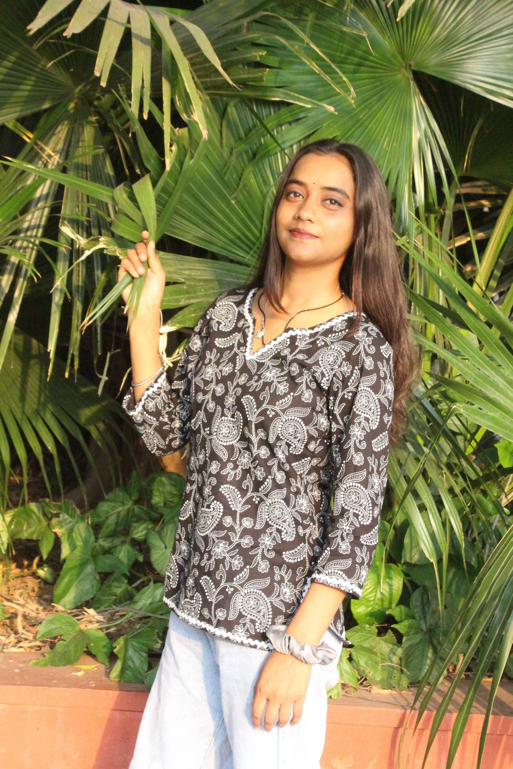 Midnight Blossom Cotton Kurti Yooneck