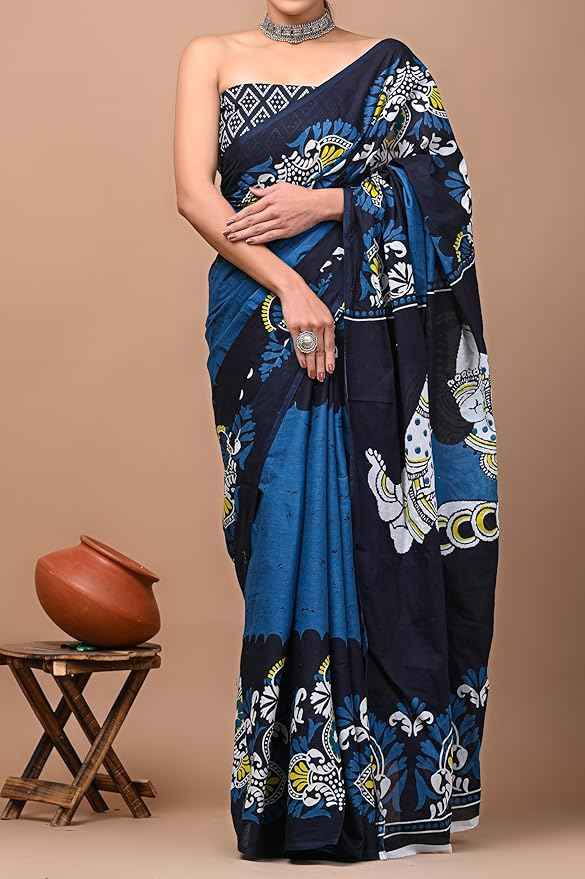 Midnight Kamal Bold Indigo Mulmul Cotton Saree Yooneck