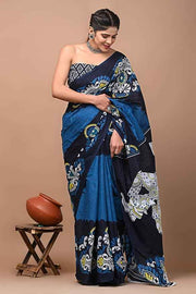 Midnight Kamal Bold Indigo Mulmul Cotton Saree Yooneck