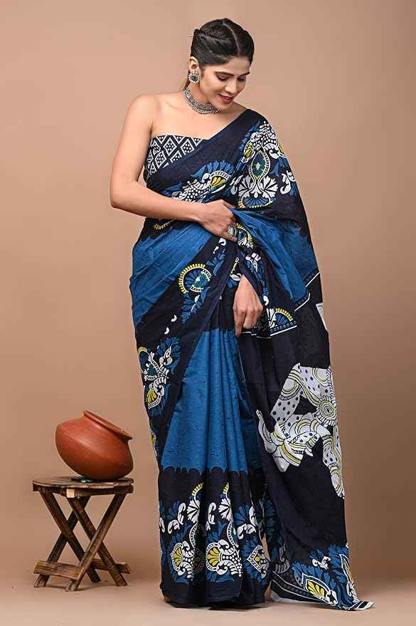 Midnight Kamal Bold Indigo Mulmul Cotton Saree Yooneck