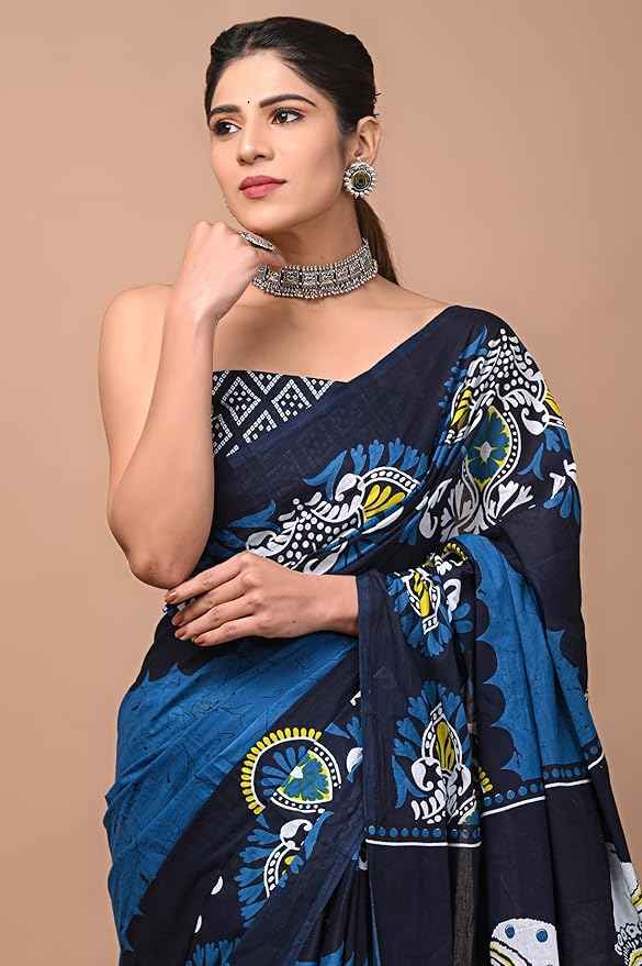 Midnight Kamal Bold Indigo Mulmul Cotton Saree Yooneck