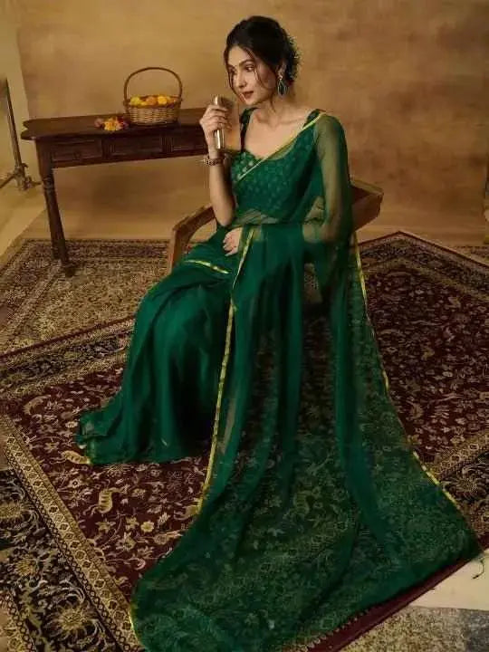 Nidha Emerald Elegance Chiffon Saree Yooneck