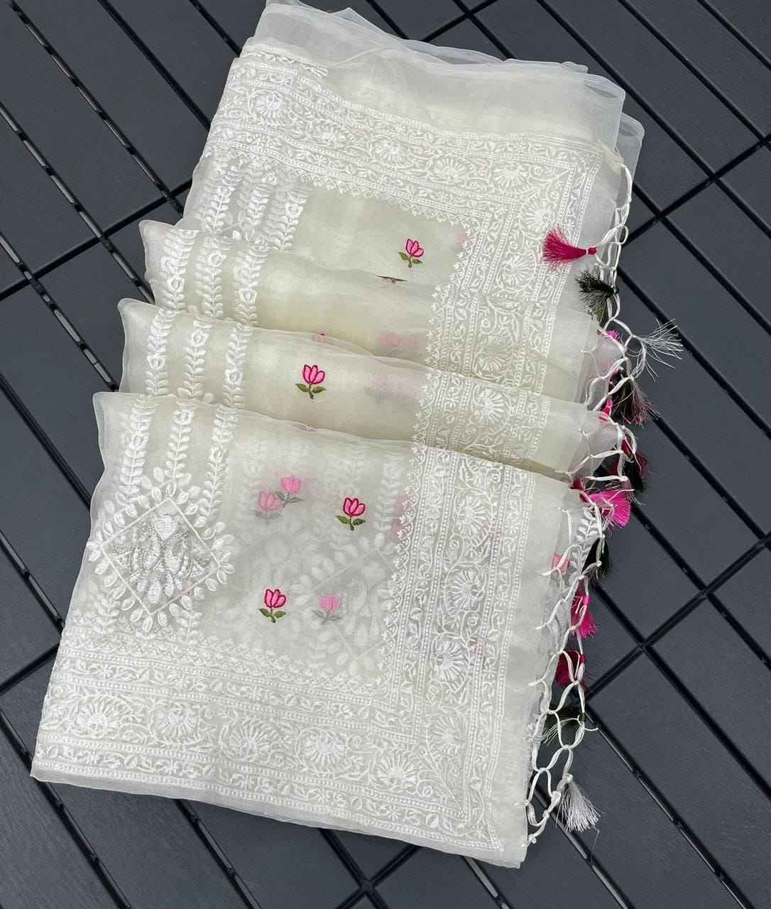 Noor-e-Kamal Lucknowi Embroidered Pure Organza Saree with Satin Silk Blouse Ganpati