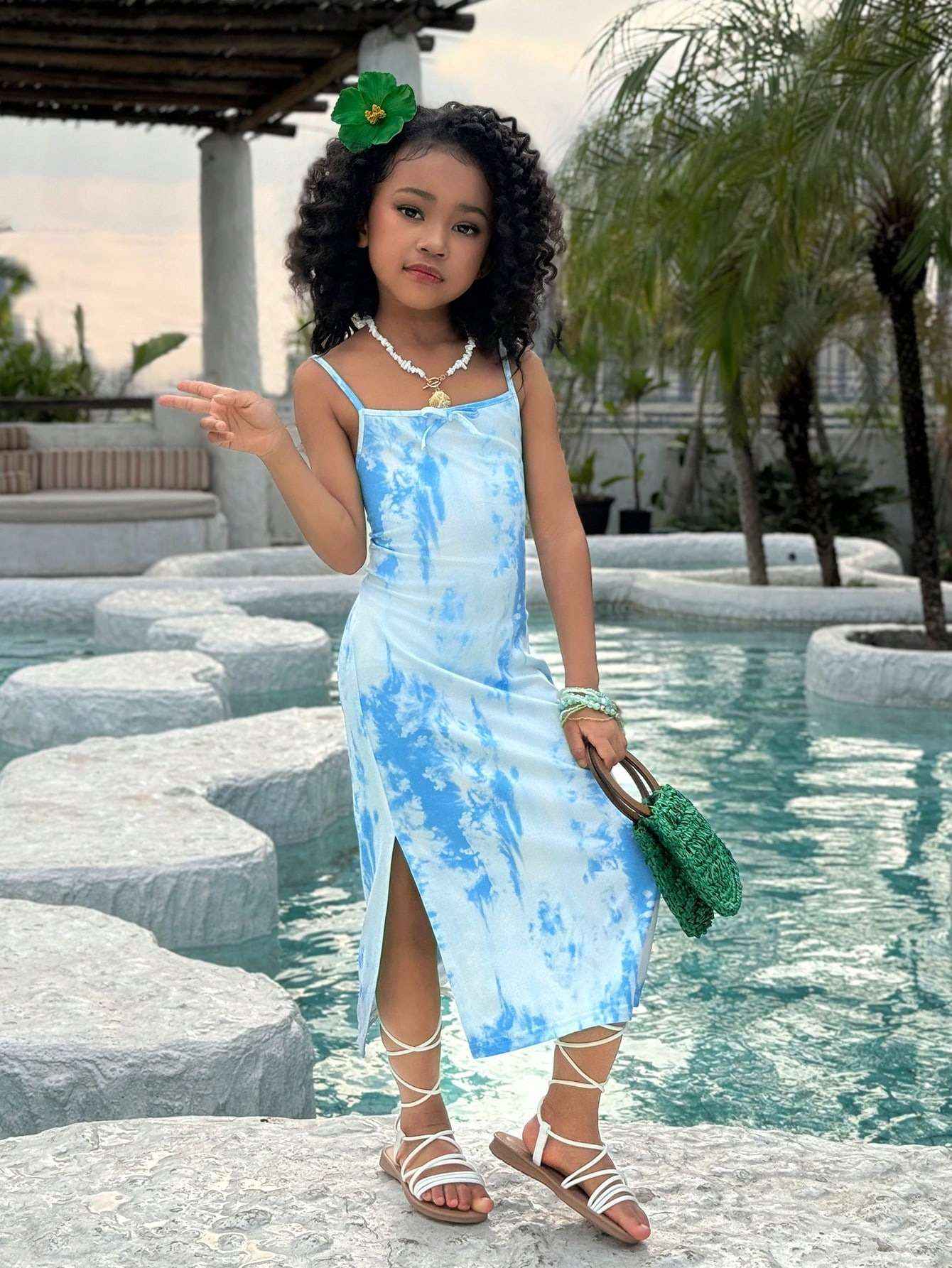 Ocean Pop Sky Blue Tie-Dye Spaghetti Dress Yooneck