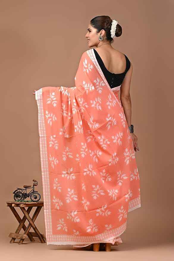 Peach Pataka Summer Bloom Mulmul Cotton Saree Yooneck