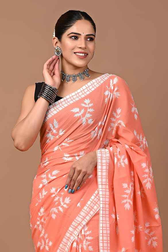 Peach Pataka Summer Bloom Mulmul Cotton Saree Yooneck
