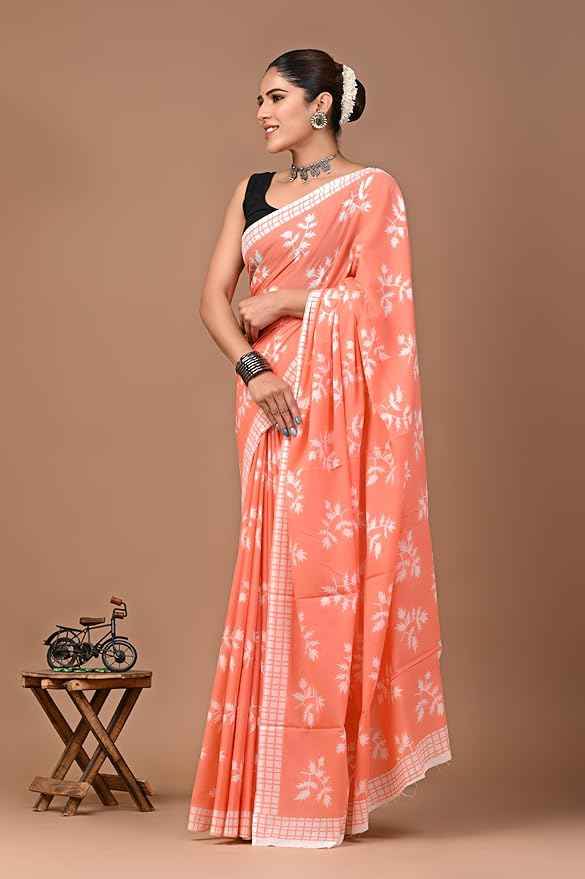 Peach Pataka Summer Bloom Mulmul Cotton Saree Yooneck