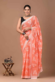 Peach Pataka Summer Bloom Mulmul Cotton Saree Yooneck