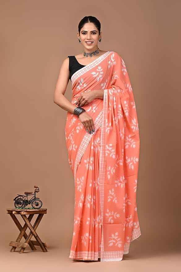 Peach Pataka Summer Bloom Mulmul Cotton Saree Yooneck