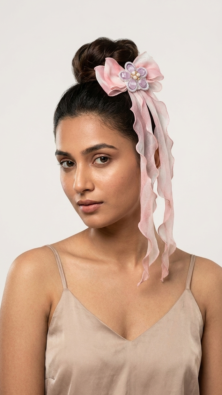 Ivory Satin Bow Barrette with Pearl Floral Embellishment