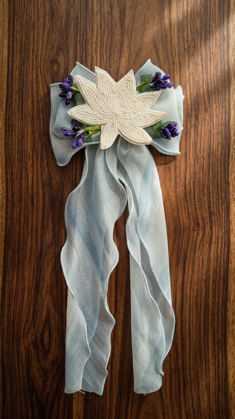 Powder blue organza bow barrette with hand-beaded ivory pearl lotus centrepiece and purple lavender floral clusters on wooden background