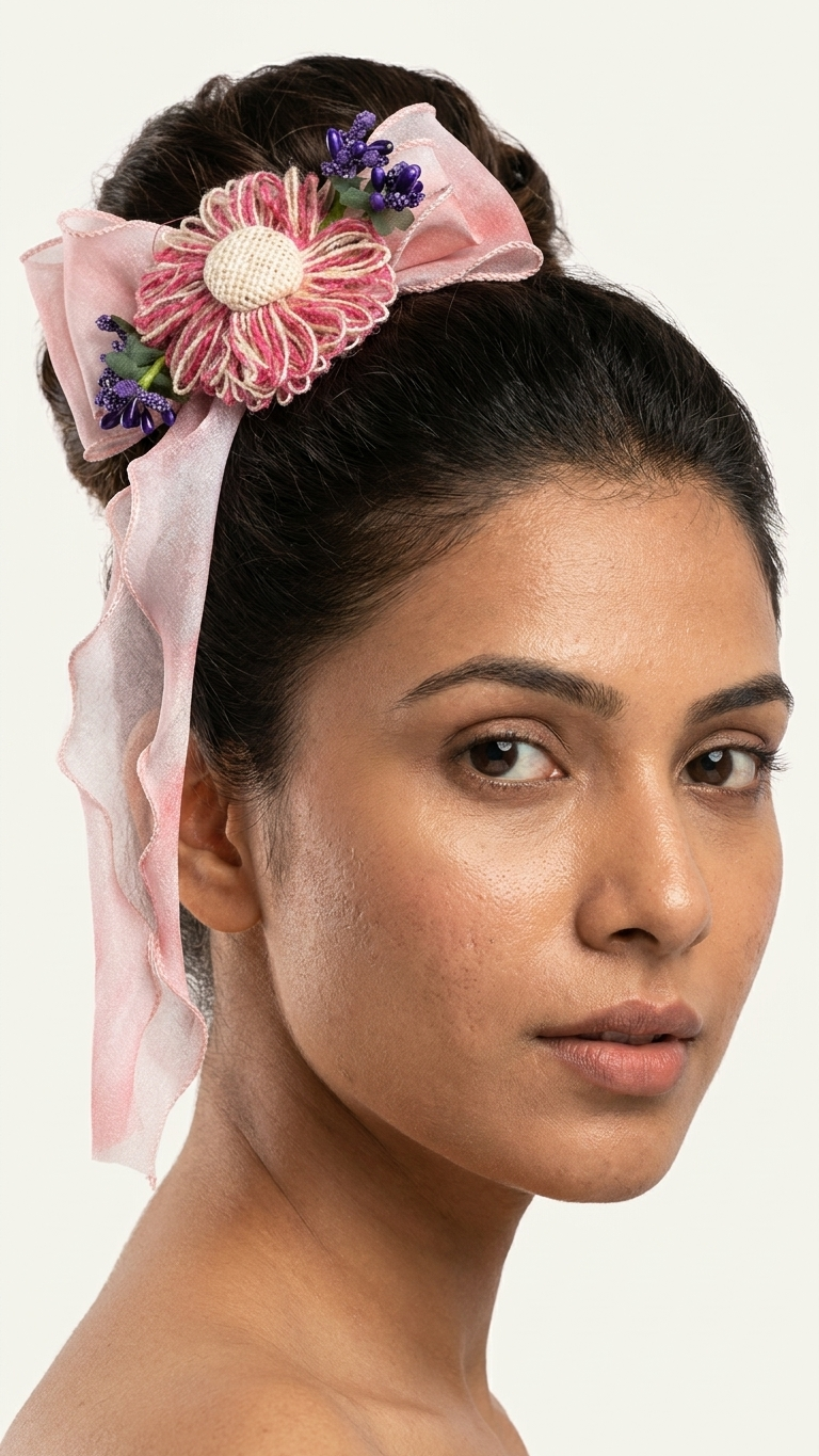 Sky Blue Ombre Chiffon Bow Clip with Teal Daisy & Lavender Buds