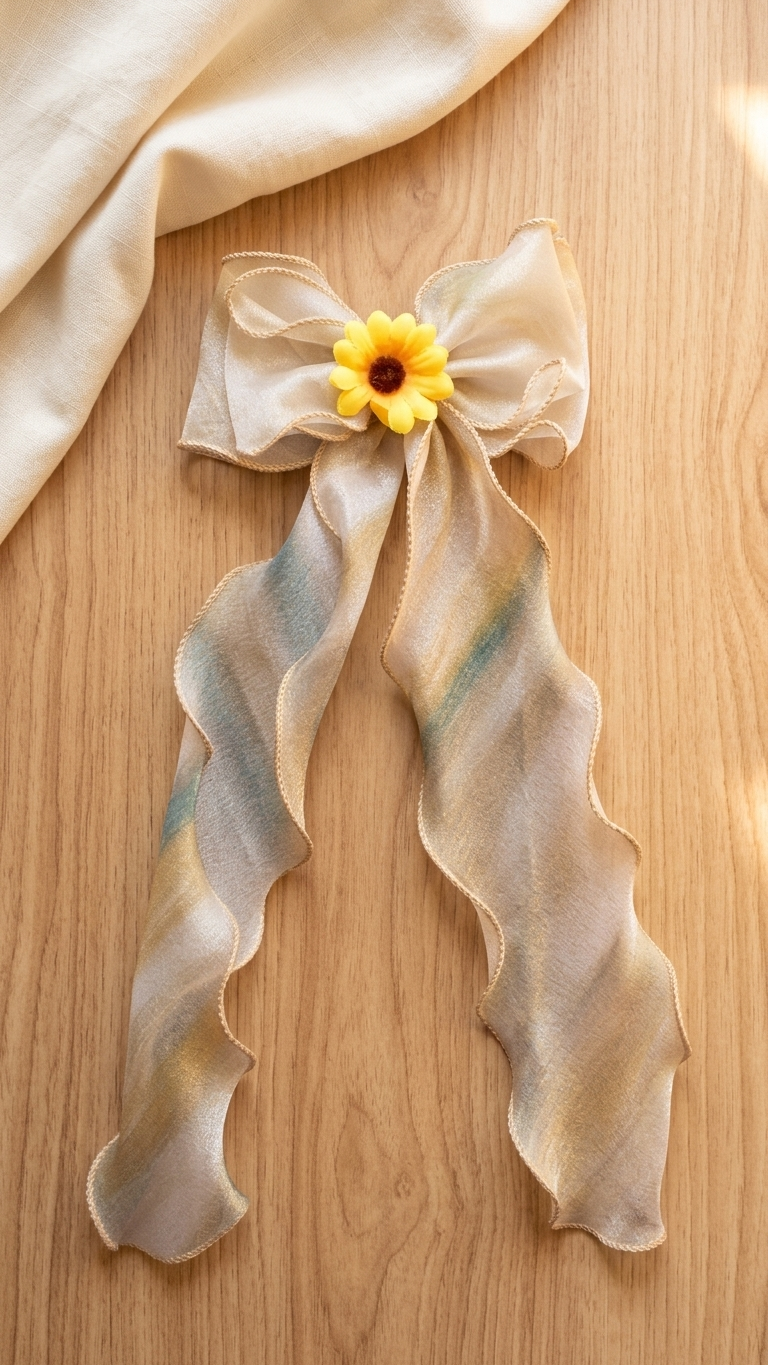 Pastel Rainbow Organza Bow Barrette with Sunflower