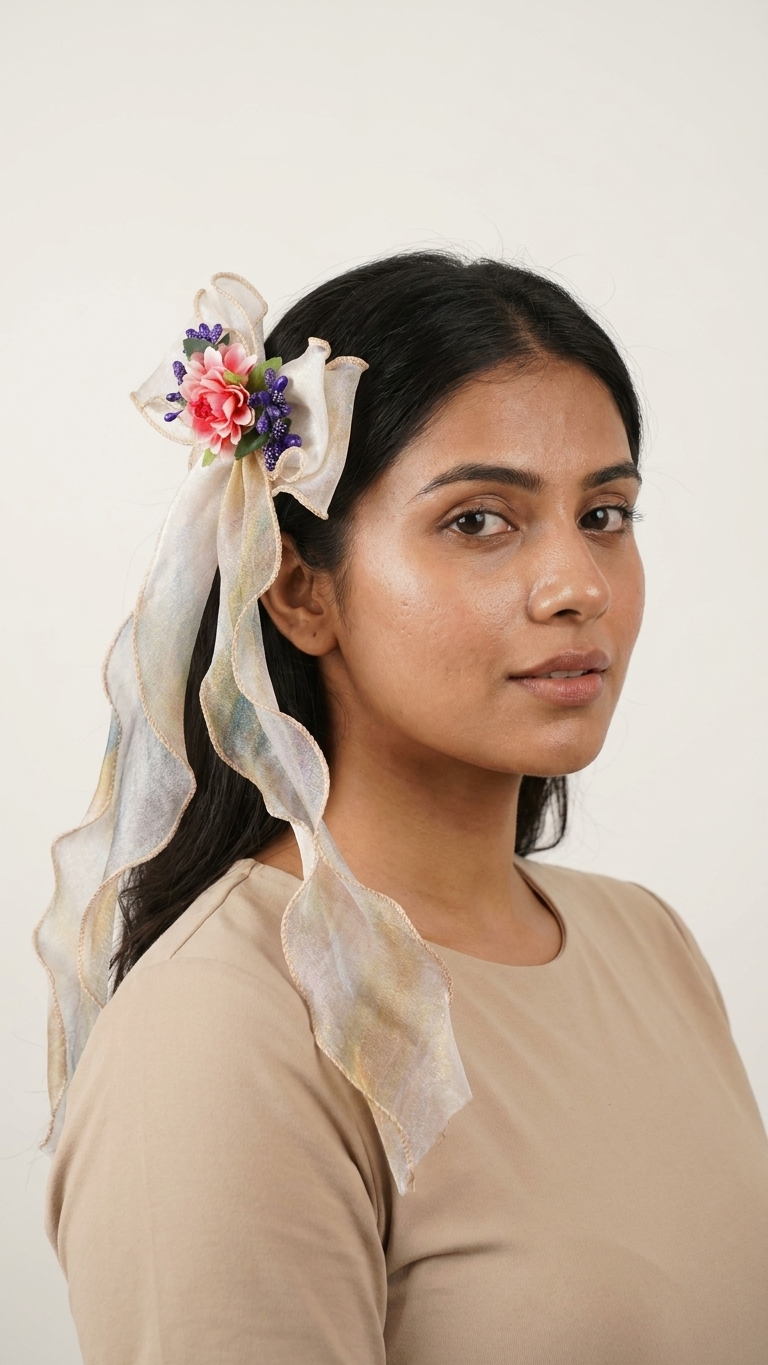 Blush Pink Organza Bow Barrette with Coral Dahlia & Lavender Bouquet