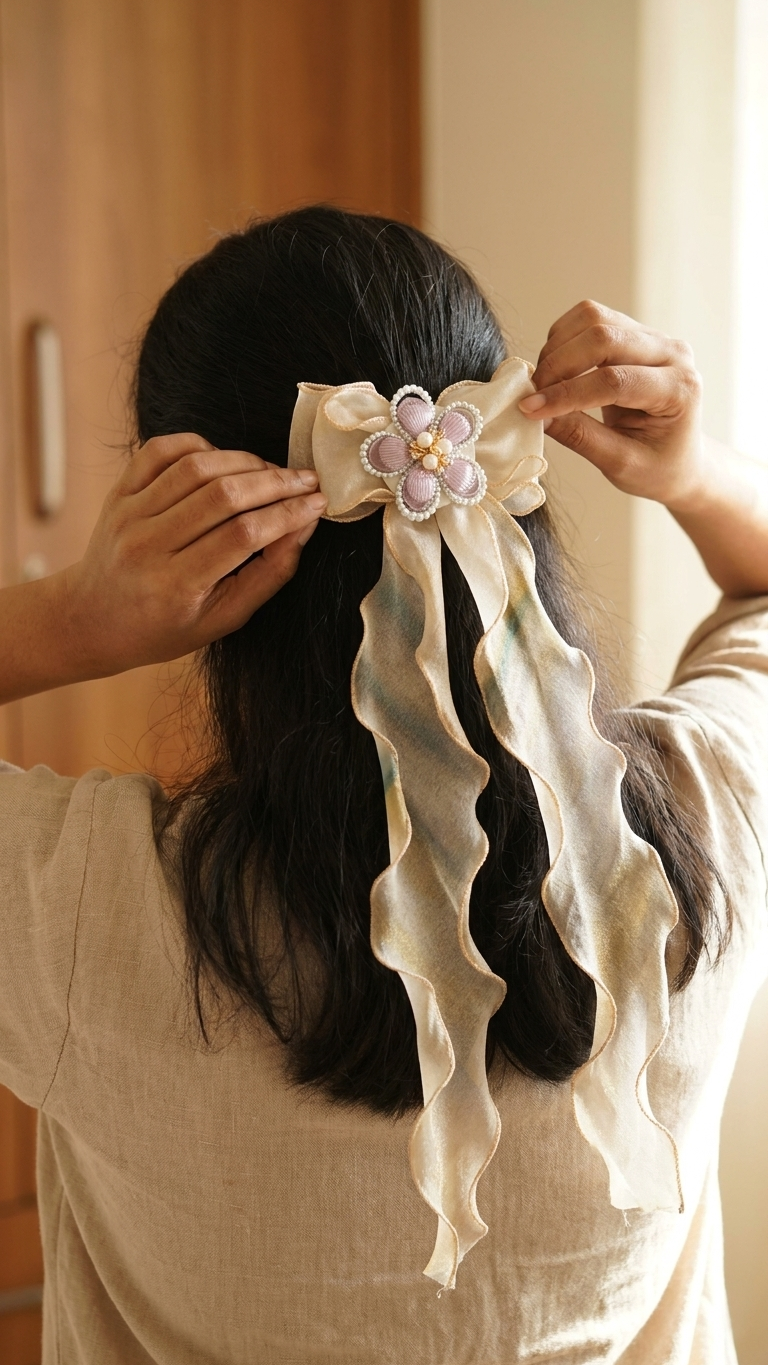 Ivory Satin Bow Barrette with Pearl Floral Embellishment