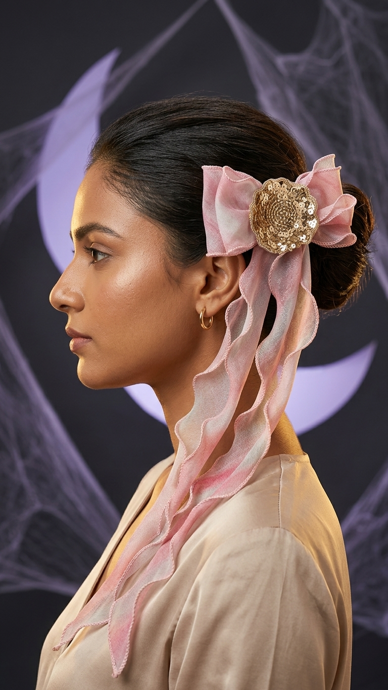 Cream Organza Bow Barrette with Gold Sequin Floral Embellishment