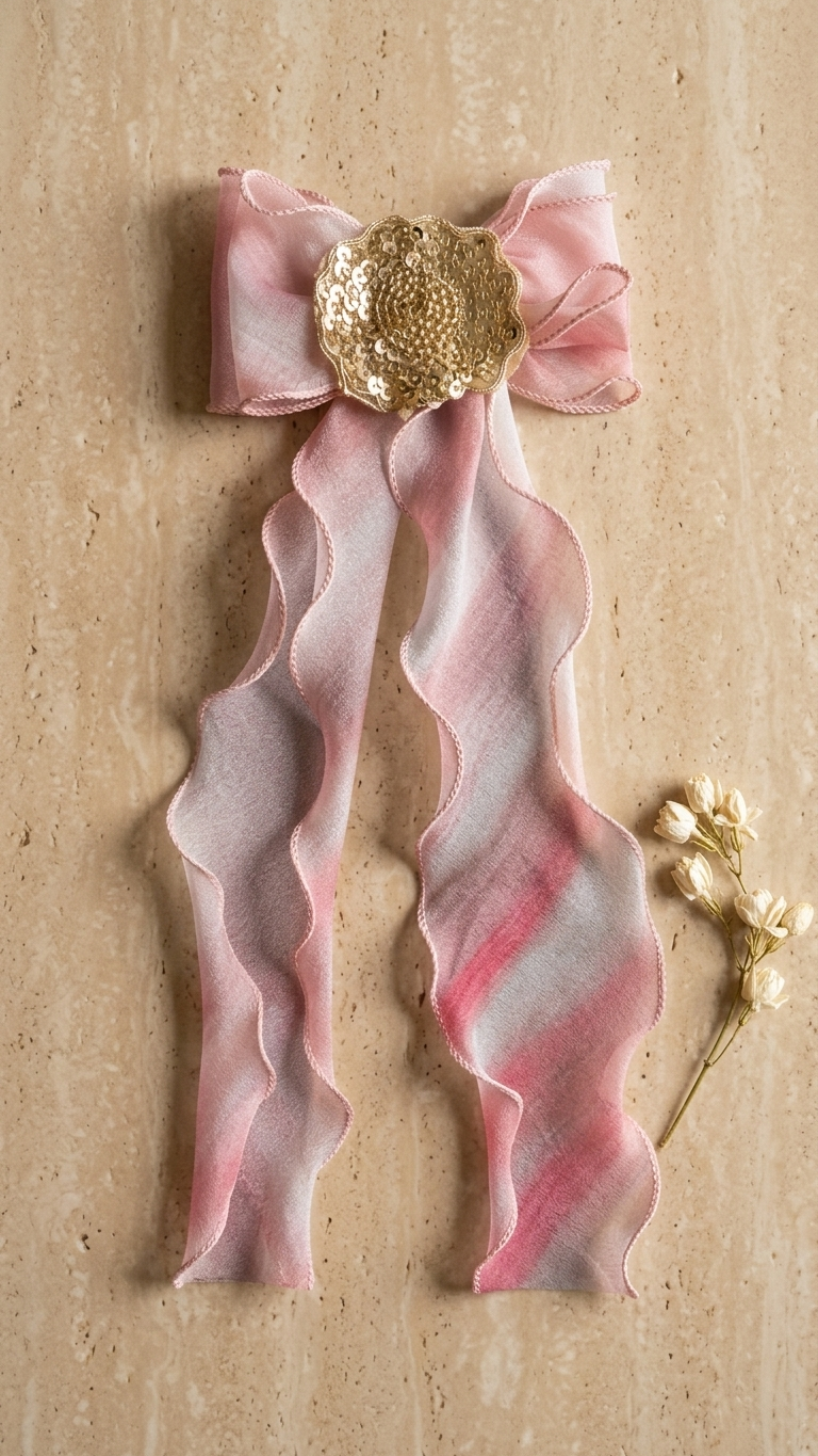 Cream Organza Bow Barrette with Gold Sequin Floral Embellishment