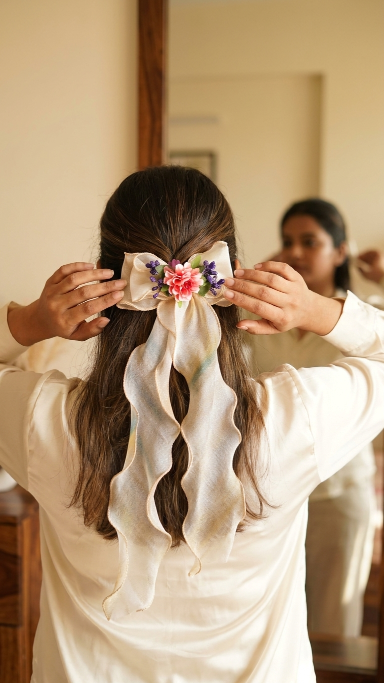 Blush Pink Organza Bow Barrette with Coral Dahlia & Lavender Bouquet