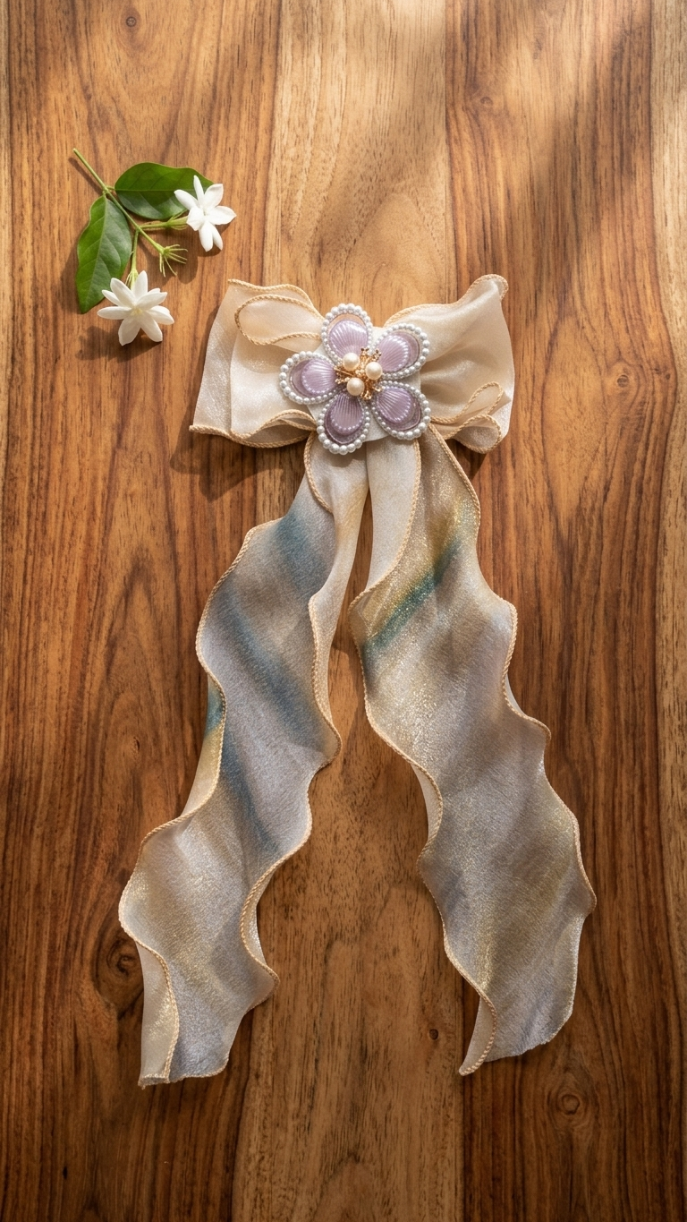 Ivory Satin Bow Barrette with Pearl Floral Embellishment