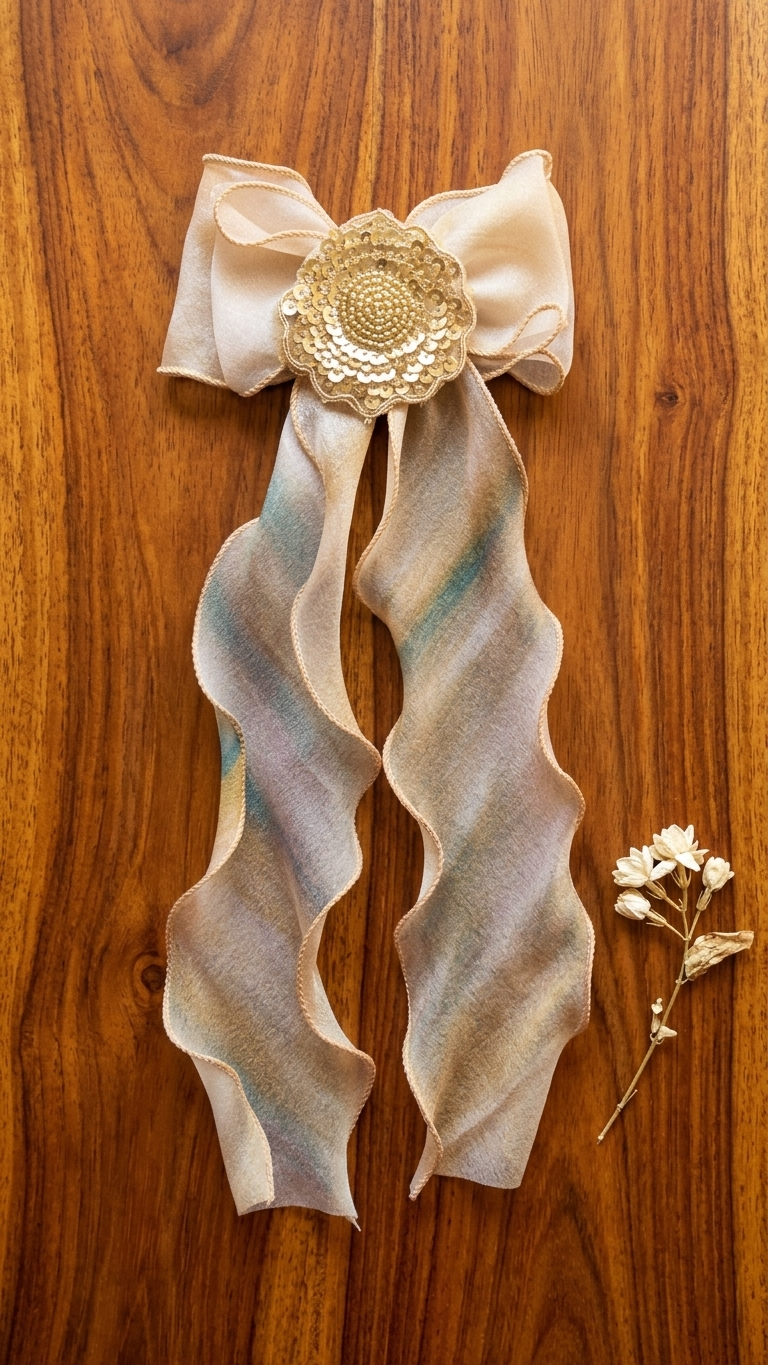 Cream iridescent organza bow barrette with gold sequin pearl floral medallion and long wavy ribbon tails on wooden background