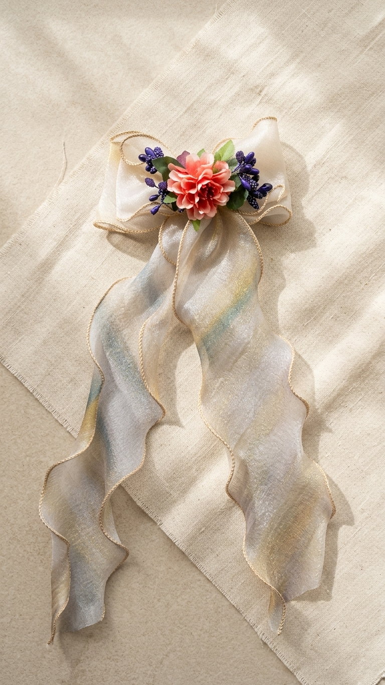 Blush Pink Organza Bow Barrette with Coral Dahlia & Lavender Bouquet